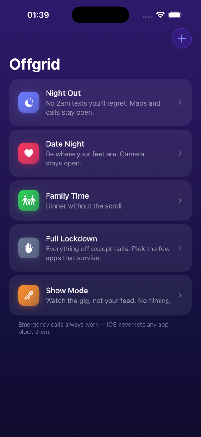 Offgrid modes list with Date Night mode